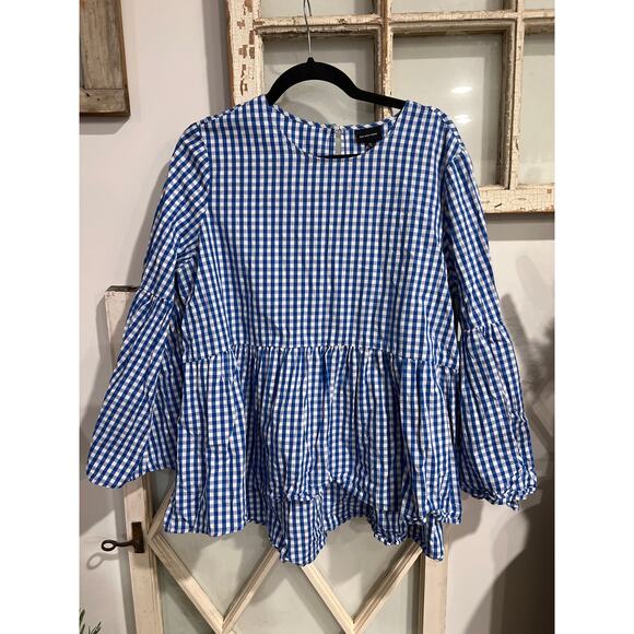 Who What Wear size XL blue & white checked popover top blouse - Picture 1 of 4